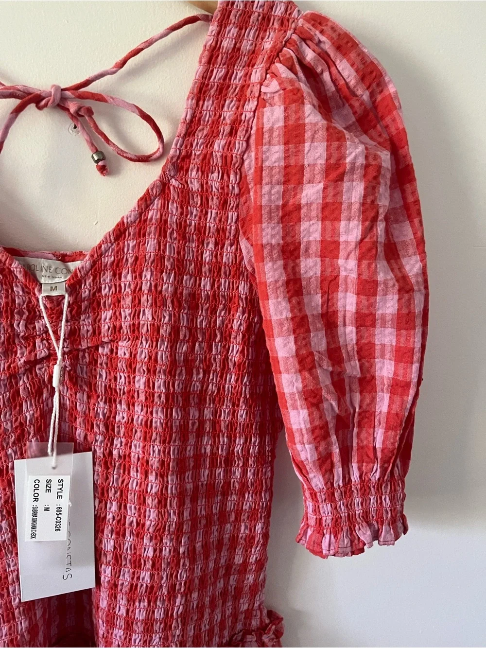 NWT Caroline Constas Red Gingham Tiered Mini Dress with Puff Sleeves Size Med - Picture 4 of 7